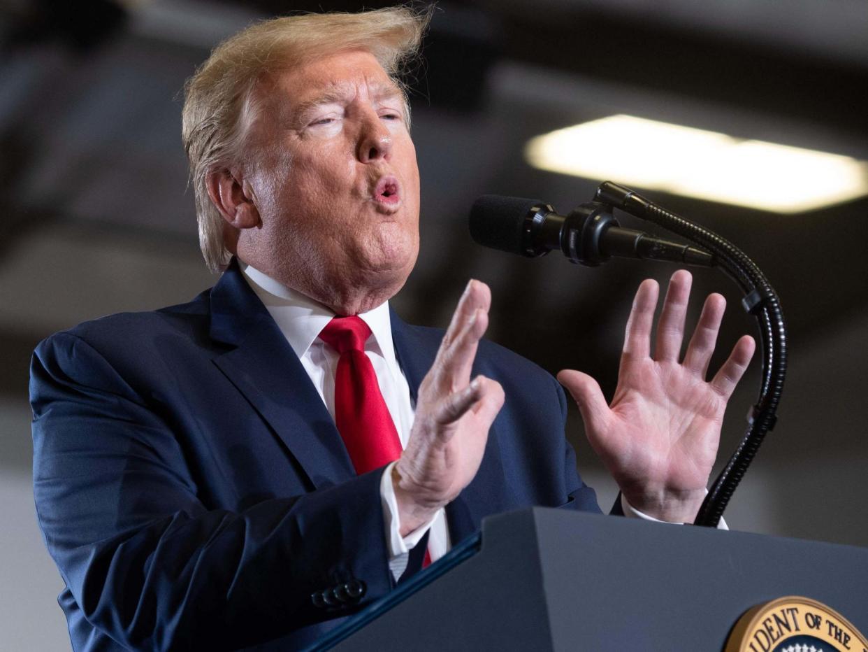 Donald Trump speaks during a "Keep America Great" campaign rally at Wildwoods Convention Center in Wildwood, New Jersey, on 28 January 2020: Saul Loeb/AFP/Getty