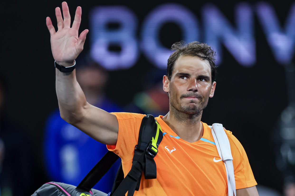 Jan 18, 2023; Melbourne, VICTORIA, Australia; Rafael Nadal after his second round match against Mackenzie Mcdonald on day three of the 2023 Australian Open tennis tournament at Melbourne Park. Mandatory Credit: Mike Frey-USA TODAY Sports