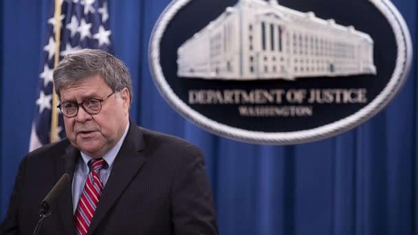 PHOTO: William Barr, U.S. attorney general, speaks during a news conference at the U.S. Department of Justice in Washington, Dec. 21, 2020. (Bloomberg via Getty Images, FILE)