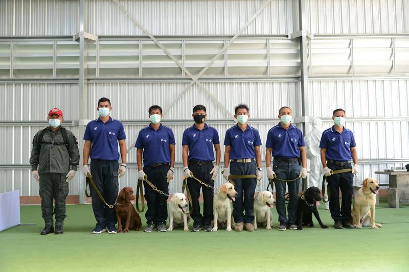 Dogs and their trainers are seen during a training for the dogs to detect the coronavirus disease (COVID-19) in Songkhla