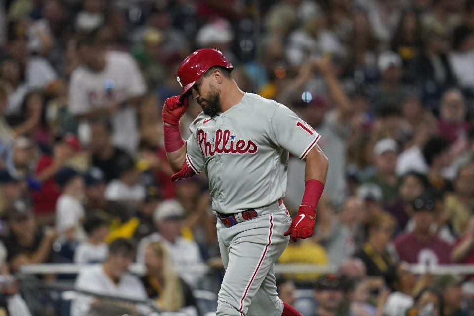 Philadelphia Phillies' Kyle Schwarber reacts after hitting a two-run home run against the San Diego Padres during the sixth inning of a baseball game Thursday, June 23, 2022, in San Diego. (AP Photo/Gregory Bull)