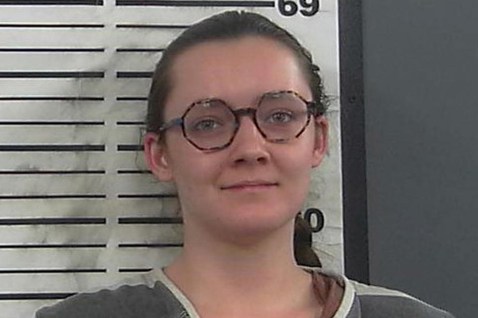 FILE - This booking photo provided by the Platte County Sheriff's Office shows Lorna Roxanne Green, March 23, 2023, in Wheatland, Wyo. Green, who says anxiety and nightmares led her to set fire to Wyoming’s only full-service abortion clinic is scheduled to be sentenced Thursday, Sept. 28, 2023. (Platte County Sheriff's Office via AP, File)