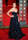 <p>The rising British actress was another star to bare her arms in a strappy, floor-sweeping gown. <em>[Photo: Getty]</em> </p>