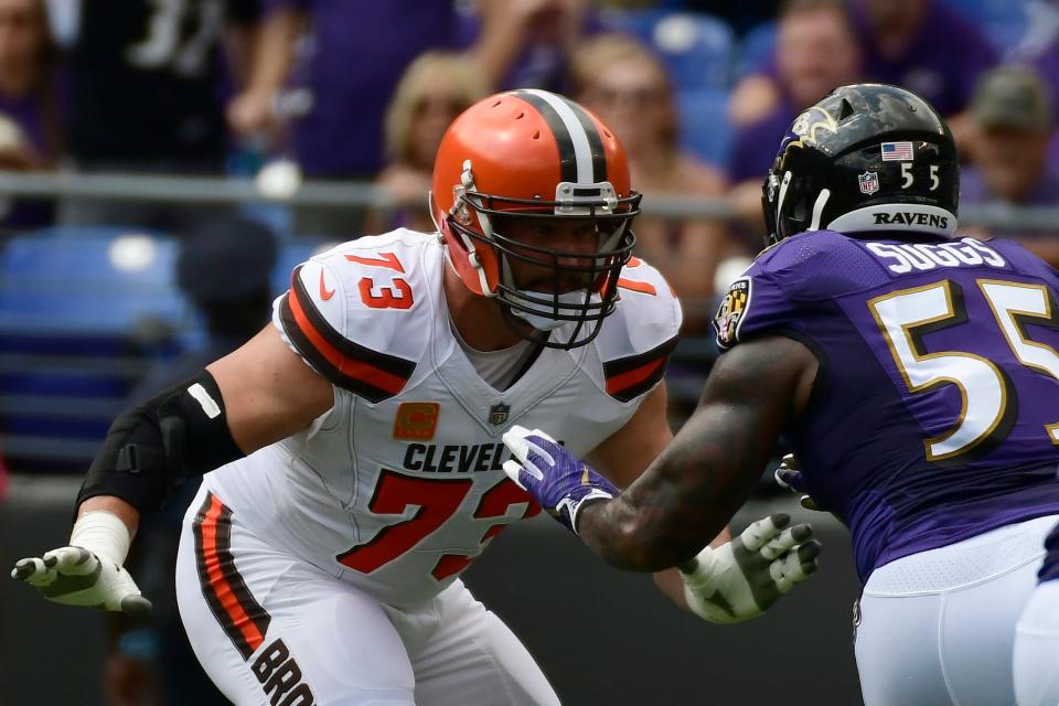 Sep 17, 2017; Baltimore, MD, USA;  Cleveland Browns offensive tackle Joe Thomas (73) blocks Baltimore Ravens outside linebacker Terrell Suggs (55) during the first quarter at M&T Bank Stadium. Mandatory Credit: Tommy Gilligan-USA TODAY Sports
