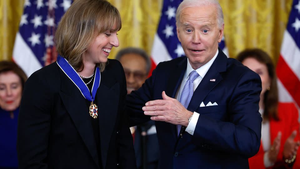 President Joe Biden presents the Presidential Medal of Freedom to Olympic swimmer Katie Ledecky during a ceremony at the White House in Washington, DC, on May 3, 2024. - Evelyn Hockstein/Reuters