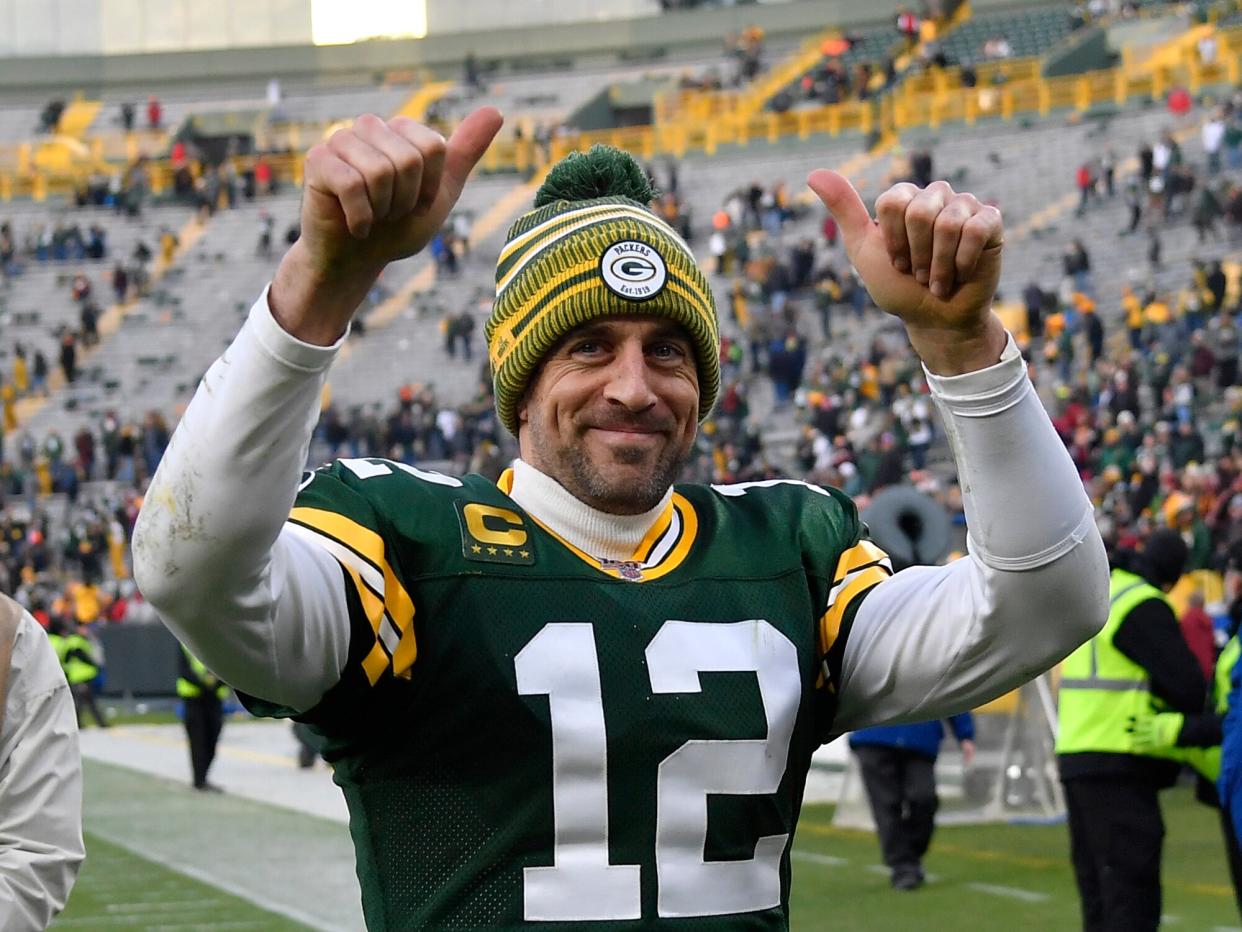 Aaron Rodgers #12 of the Green Bay Packers reacts after getting the win against the Washington Redskins at Lambeau Field on December 08, 2019 in Green Bay, Wisconsin