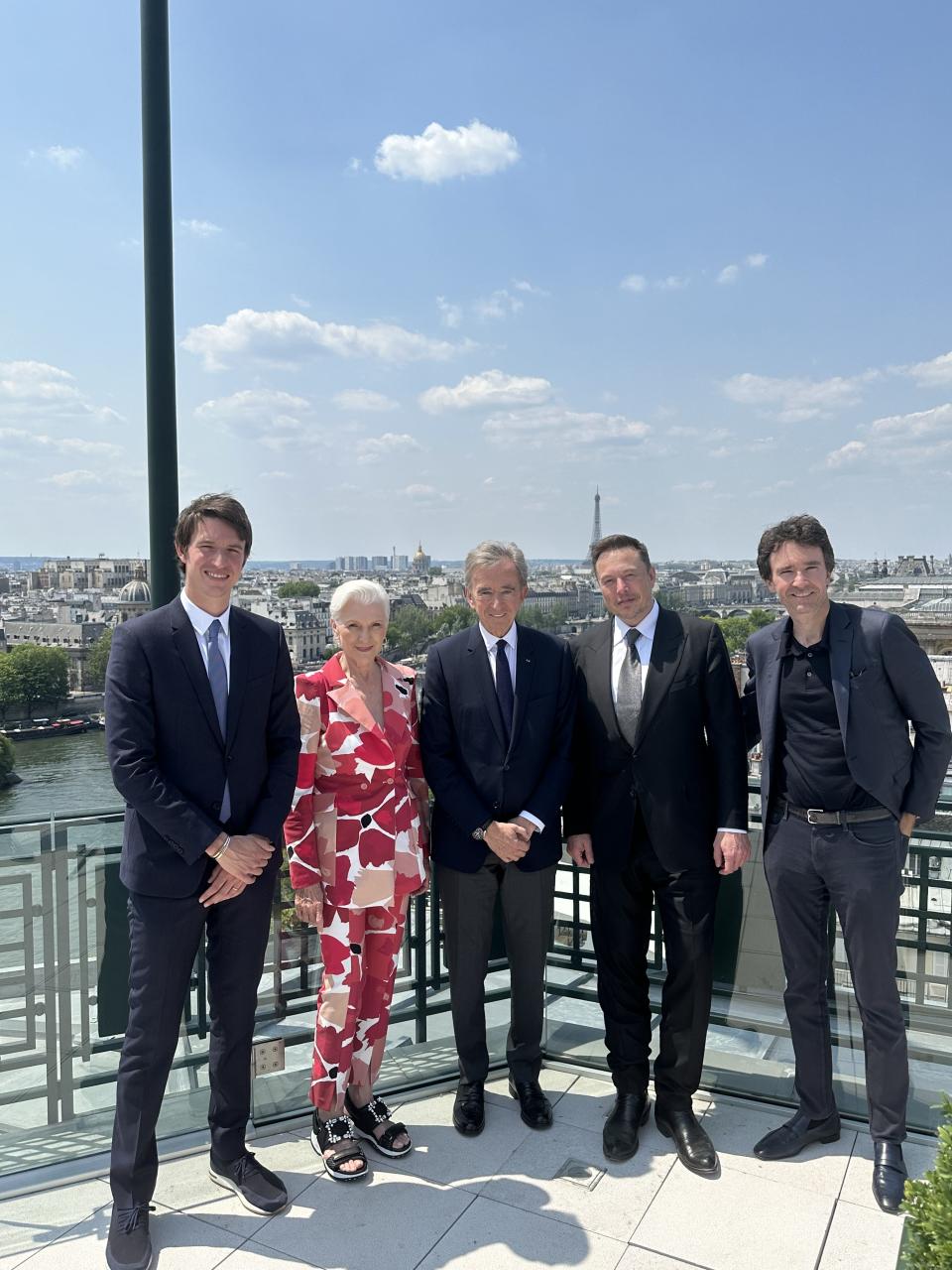 Alexandre Arnault, Maye Musk, <a href="https://wwd.com/business-news/technology/bernard-arnault-presents-lvmh-innovation-award-vivatech-1235689501/" rel="nofollow noopener" target="_blank" data-ylk="slk:Bernard Arnault;elm:context_link;itc:0;sec:content-canvas" class="link ">Bernard Arnault</a>, Elon Musk, Antoine Arnault (L-R)