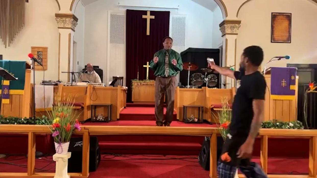 Bernard Junior Polite, 26, (holding gun) of North Braddock in Pennsylvania was arrested on an attempted murder charge after state police said he entered Jesus' Dwelling Place Church on May 5, 2024, and attempted to shoot the preacher as he was giving a sermon. Troopers reported the gun jammed.