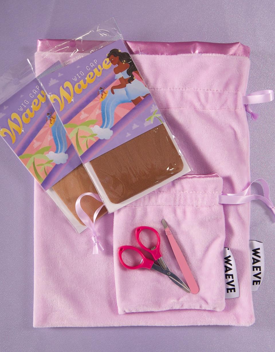 Each Wig Starter Kit includes satin-lined dust bags for unit storage, four wig caps, a wig grip, scissors and tweezers for customization, plus an info card with a QR code for online tutorials.