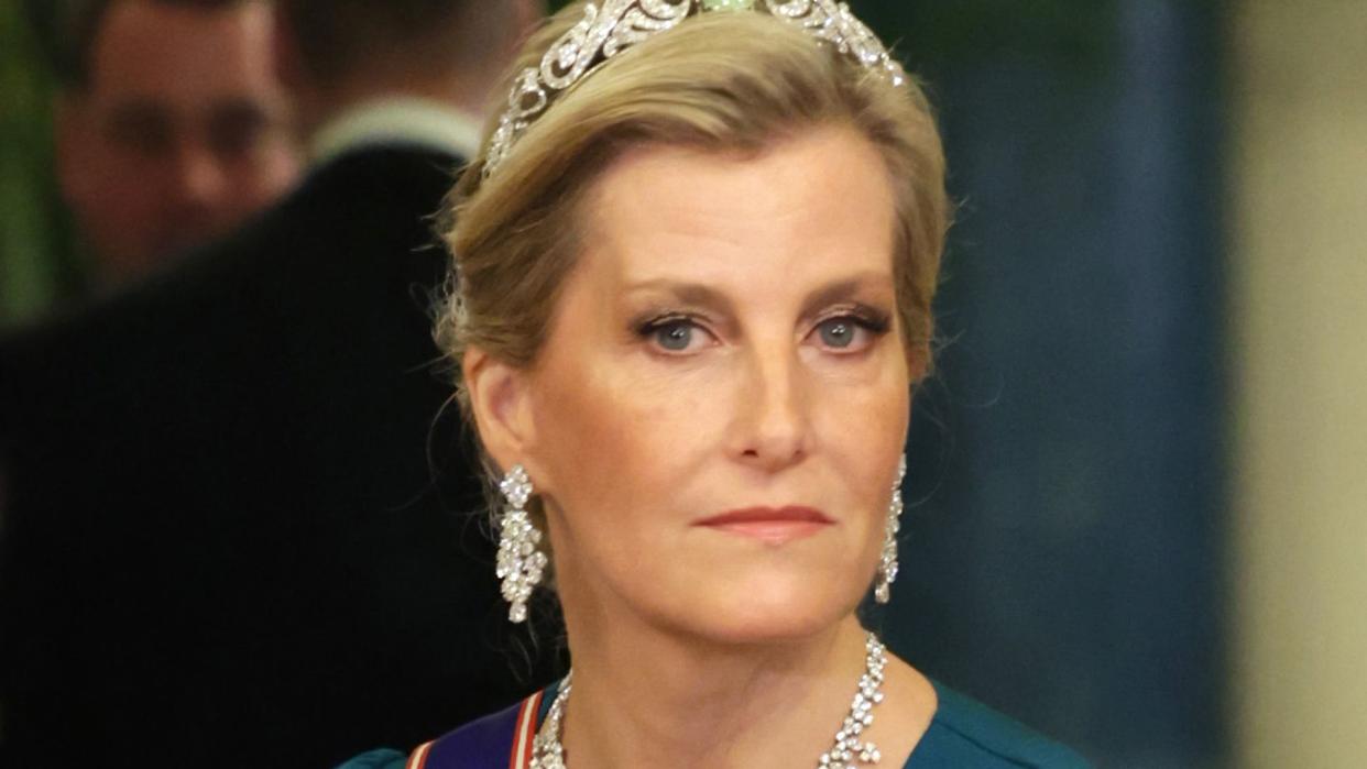 Sophie at Buckingham Palace in petrol blue gown and tiara