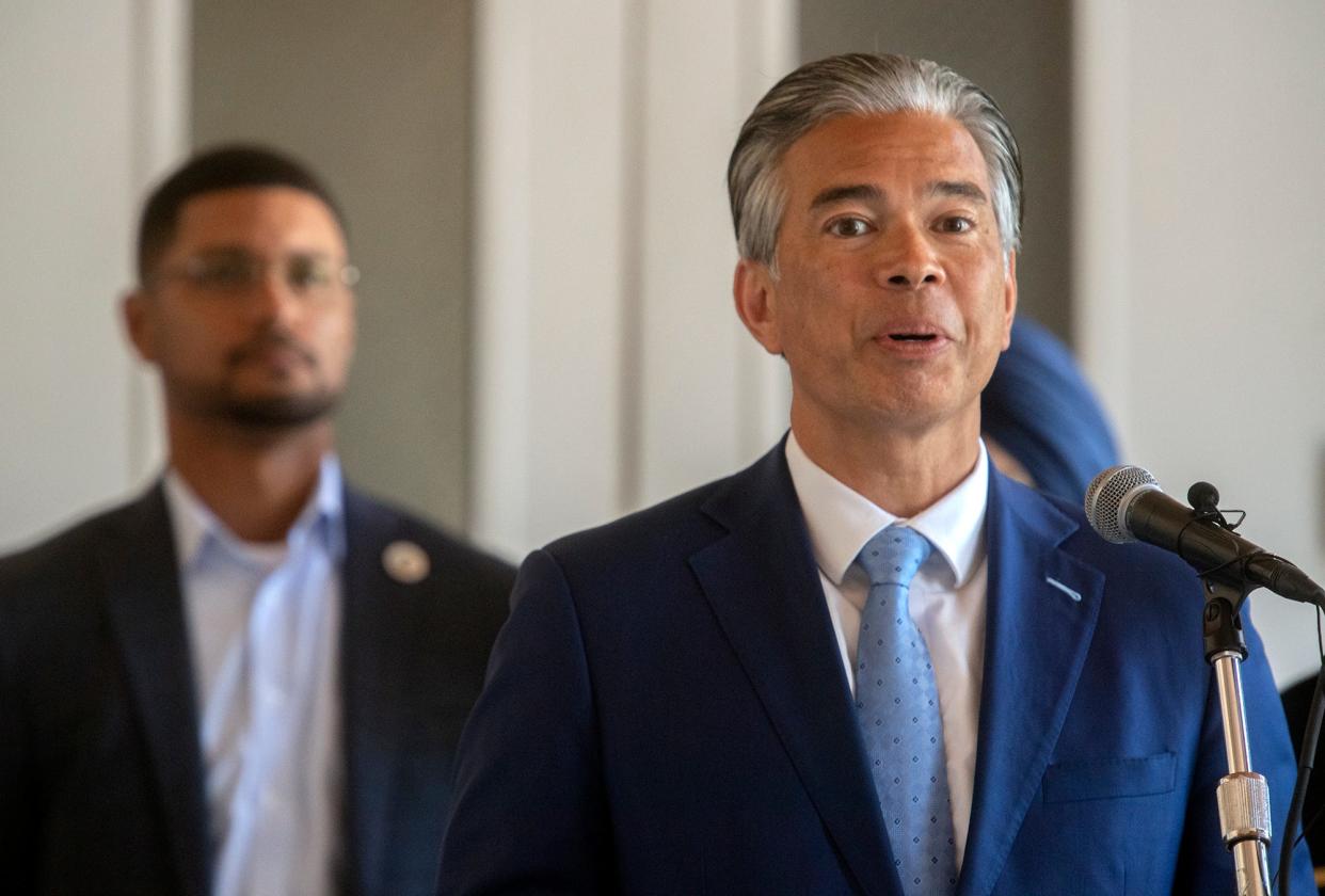 California Attorney General Rob Bonta speaks at a press conference after a hate crimes roundtable discussion with community leaders at the Memorial Civic Auditorium in downtown Stockton on Tuesday.
