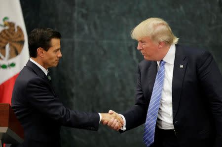 Republican presidential nominee Donald Trump and Mexico's President Enrique Pena Nieto shake hands at a press conference at the Los Pinos residence in Mexico City, Mexico, August 31, 2016. REUTERS/Henry Romero