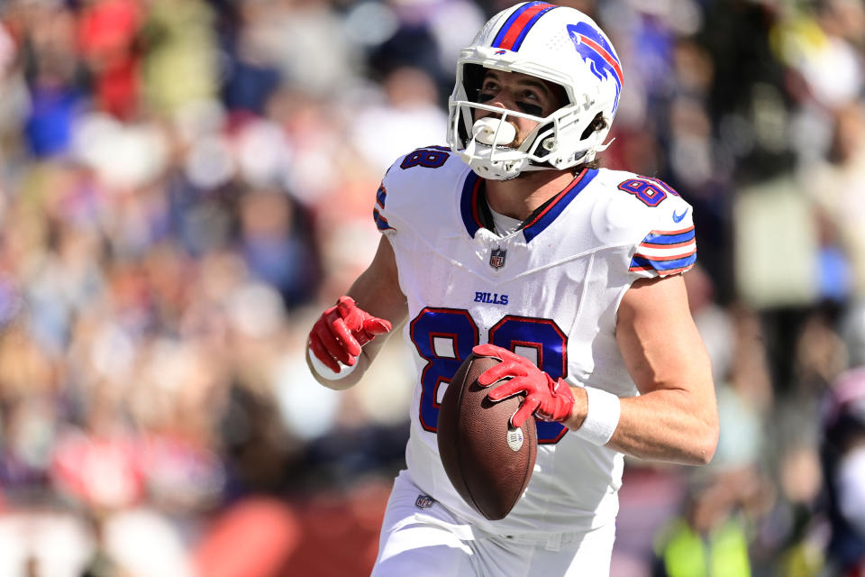 Dawson Knox will miss games against the Tampa Bay Buccaneers, Cincinnati Bengals, Denver Broncos, and New York Jets. (Photo by Billie Weiss/Getty Images)