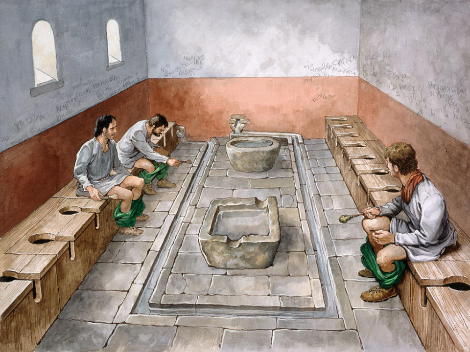 Drawing of men using a Roman latrine