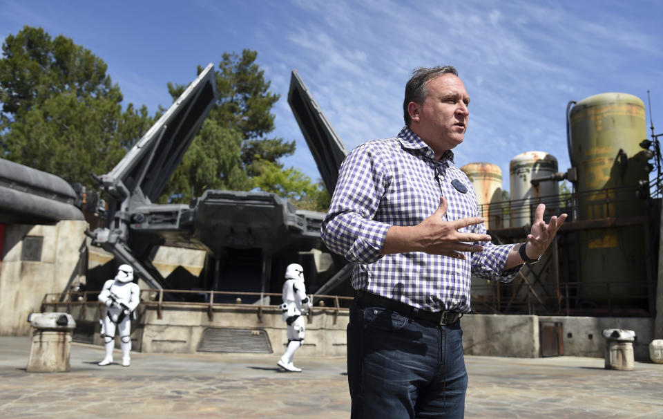 Scott Trowbridge, Portfolio Creative Executive for Walt Disney Imagineering, discusses Star Wars: Galaxy's Edge during the media preview for the new land at Disneyland Park, Wednesday, May 29, 2019, in Anaheim, Calif. (Photo by Chris Pizzello/Invision/AP)