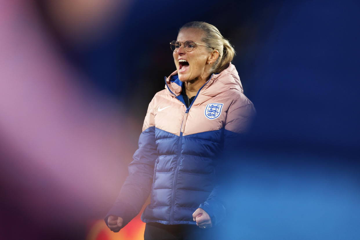 Sarina Wiegman celebrates after England's 3-1 victory over Australia to advance to the 2023 Women's World Cup final on Aug. 16, 2023, in Sydney. (Mark Metcalfe/FIFA via Getty Images)