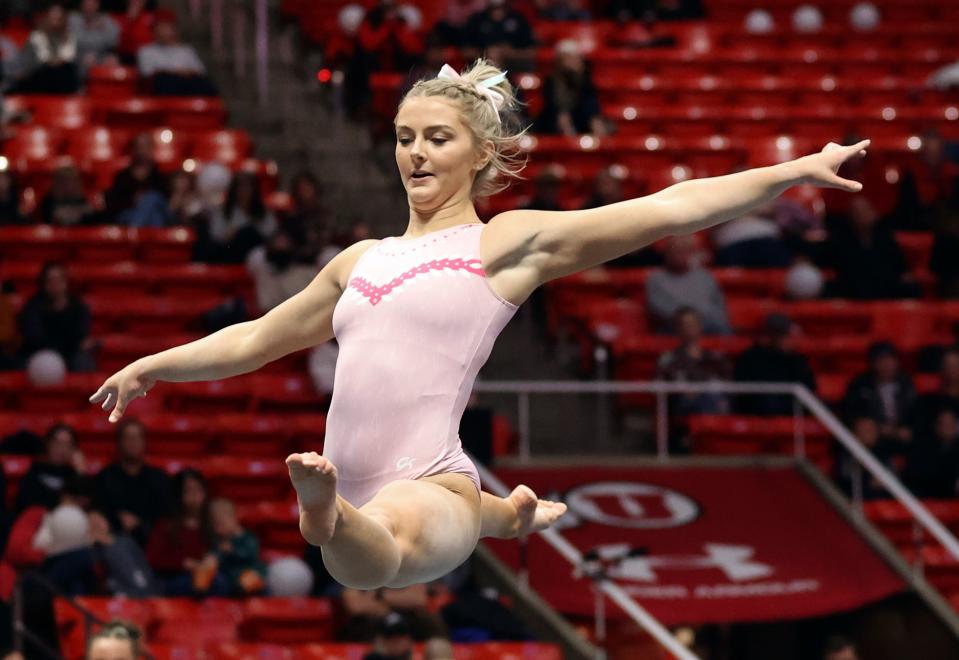 Lucy Stanhope does her floor routine during the University of Utah Red Rocks gymnastics preview at the Huntsman Center in Salt Lake City on Friday, Dec. 9, 2022. | Kristin Murphy, Deseret News