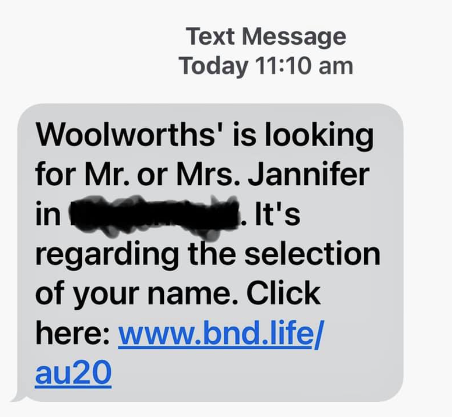 Hoax text message with name and location of a Woolworths customer.