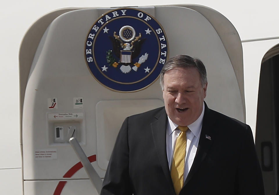 U.S. Secretary of State Mike Pompeo exits his plane as he arrives at Rafik Hariri international airport, in Beirut, Lebanon, Friday, March 22, 2019. Pompeo is in Beirut for a two day visit to meet with Lebanese officials. (AP Photo/Hussein Malla)