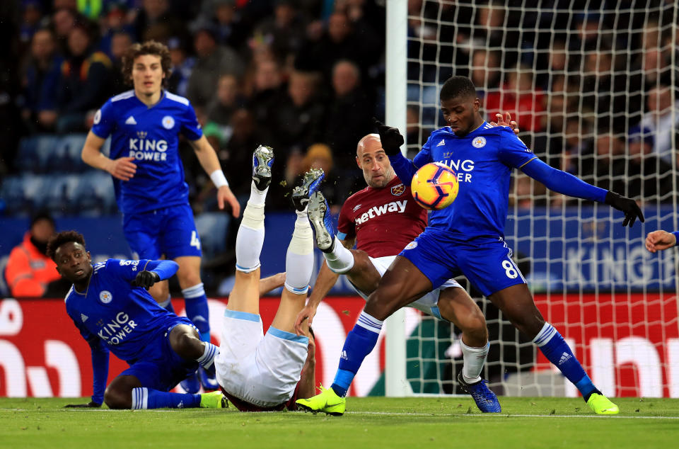 Kelechi Iheanacho (right) is harried by Pablo Zabaleta