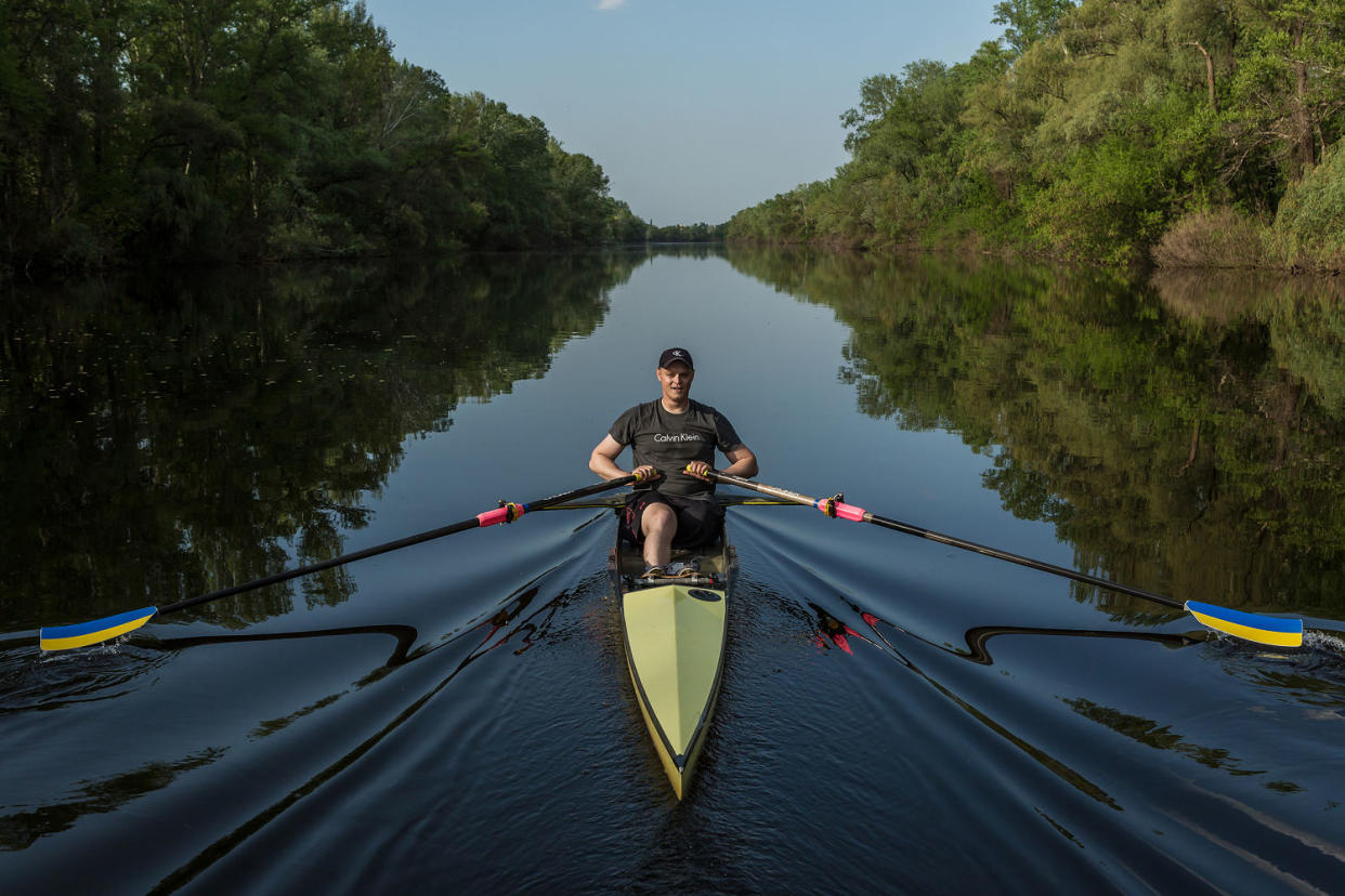 Volodymyr, a war veteran, received his injury in April of 2023 and lost his left leg above the knee. He has been professionally training in rowing before the injury and is now  training in the national team and hopefully get selected for the Paralympic team. (Oksana Parafeniuk for NBC News)