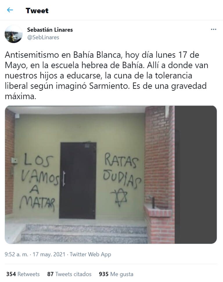 "Gravedad máxima", así calificó Sebastián Linares el ataque a la sede de la Asociación Israelita, en Bahía Blanca.