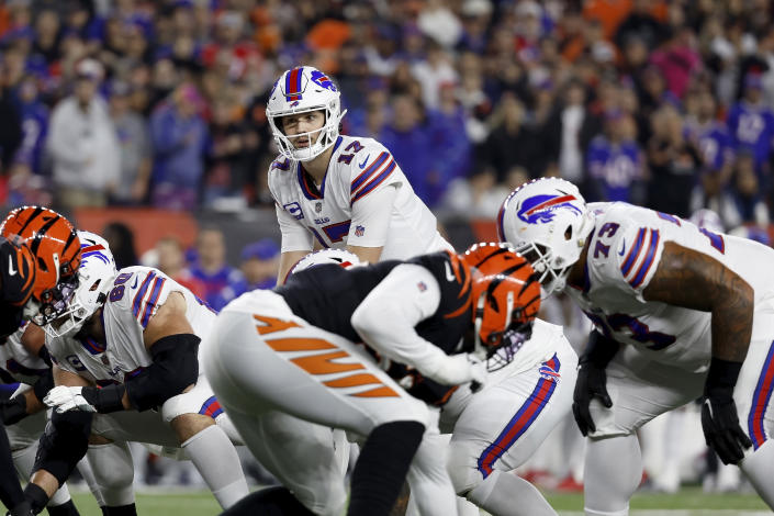 CINCINNATI, OH - JANUARY 02:  Josh Allen #17 of the Buffalo Bills lines up for a play during the game against the Cincinnati Bengals at Paycor Stadium on January 2, 2023 in Cincinnati, Ohio. (Photo by Kirk Irwin/Getty Images)