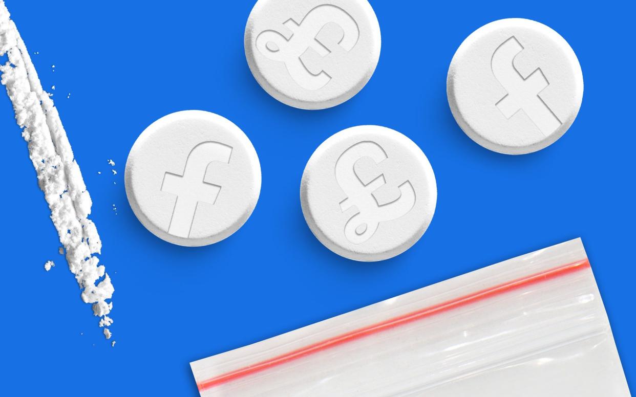 Pills with pound signs and Facebook logos on them spilling out of a baggie next to a line of white powder