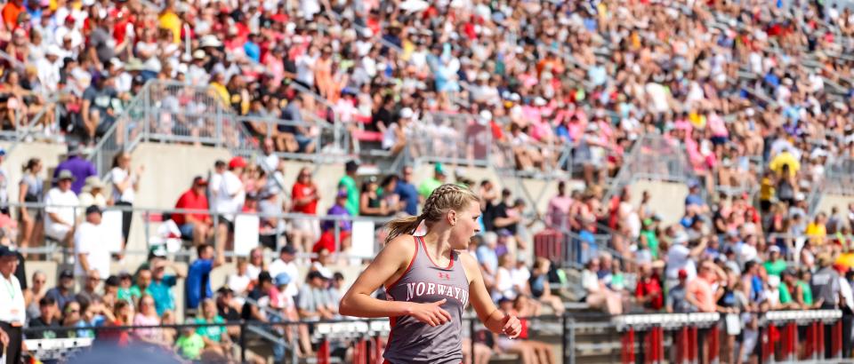 Norwayne standout Jaylee Wingate looks back upon the field after crossing the finish line to win the 1600 to earn the State Title for Div. II with a time of 4:56.05.