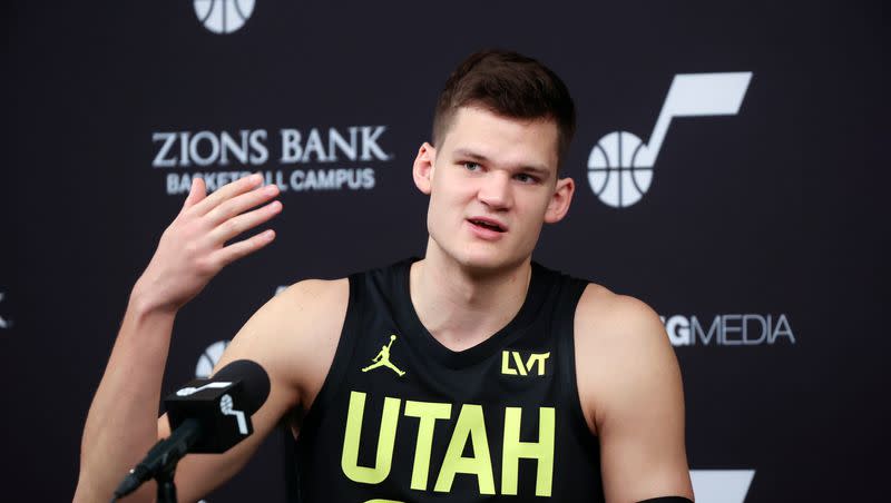 Utah Jazz center Walker Kessler talks to members of the media during Utah Jazz media day at the Zions Bank Basketball Center in Salt Lake City on Monday, Oct. 2, 2023. Kessler is in the midst of his second training camp as a member of the Utah Jazz, where expectations for him have grown.