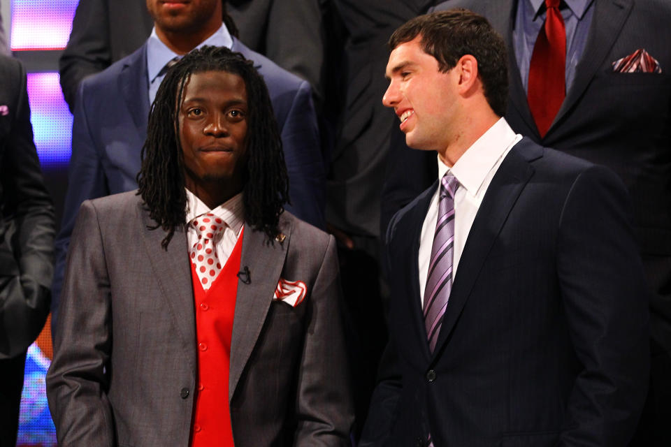 NEW YORK, NY - APRIL 26: (L-R) Dre Kirkpatrick from Alabama and Andrew Luck from Stanford talk on stage during the 2012 NFL Draft at Radio City Music Hall on April 26, 2012 in New York City. (Photo by Al Bello/Getty Images)