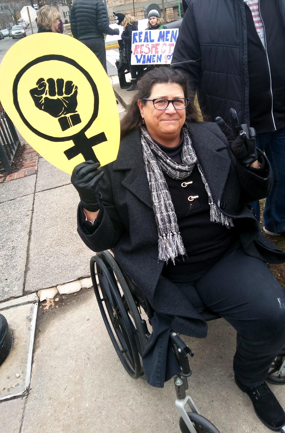 A protester at an event held in Stroudsburg's Courthouse Square to coincide with former President Donald Trump's inauguration in 2018.