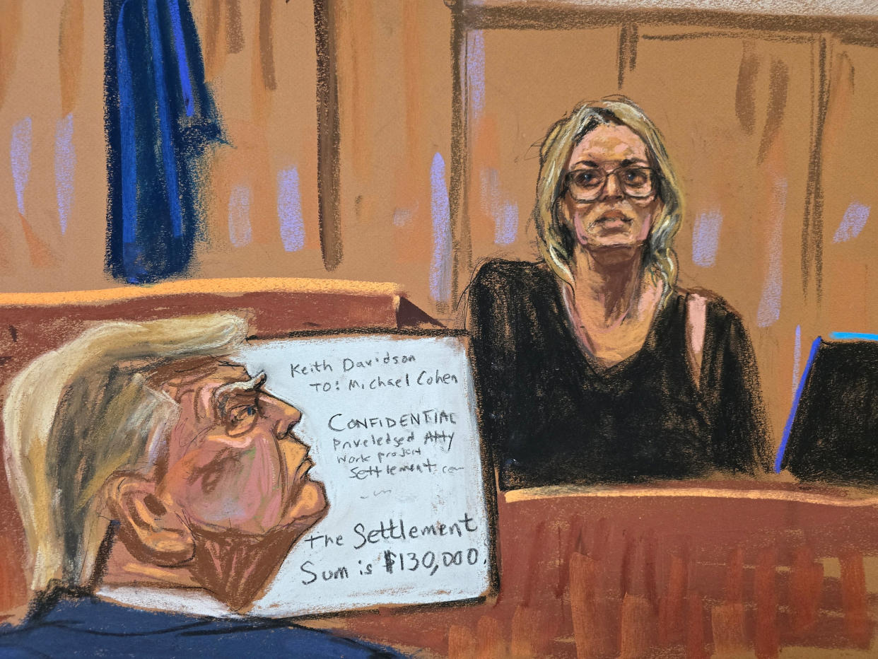 Trump watches as Stormy Daniels is questioned by prosecutor Susan Hoffinger on May 7.