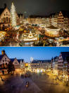 This combination image shows a file photo dated Monday, Nov. 25, 2019 of the Roemerberg square in Frankfurt, Germany, with the traditional Christmas market, top, and the Roemerberg square on Friday, Nov. 27, 2020, below. Christmas markets, a cherished tradition in Germany and neighboring countries, have joined the long list of institutions canceled or diminished because of the coronavirus pandemic this year. (AP Photo/Michael Probst, file)