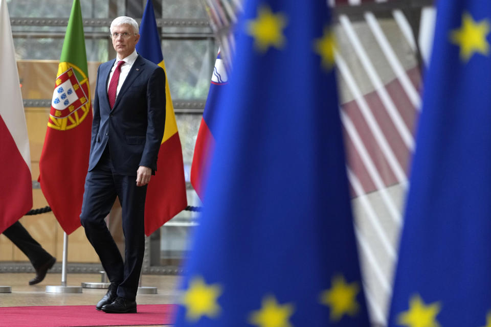 Latvia's Foreign Minister Krisjanis Karins arrives for a meeting of EU foreign ministers at the European Council building in Brussels, Monday, March 18, 2024. European Union foreign ministers on monday will discuss Russia's aggression against Ukraine, Belarus, and the situation in the Middle East. (AP Photo/Virginia Mayo)