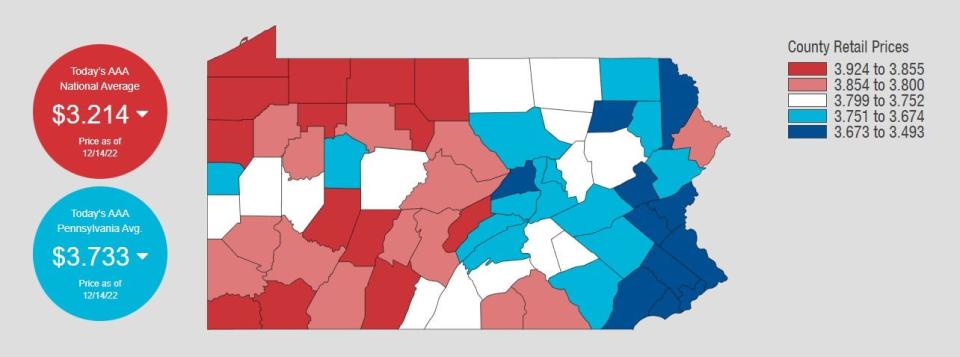 A map from AAA showcasing gas prices in Pennsylvania on Dec. 14, 2022. On average, gas prices in Pennsylvania are over 50 cents more than other parts of the United States.