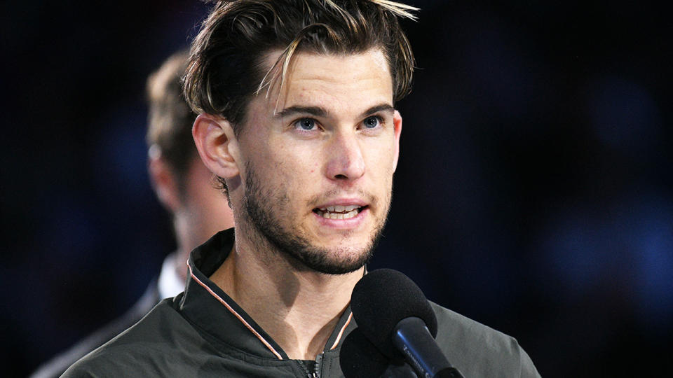 Dominic Thiem, pictured here delivering his runner-up speech after losing to Novak Djokovic in the Australian Open final.