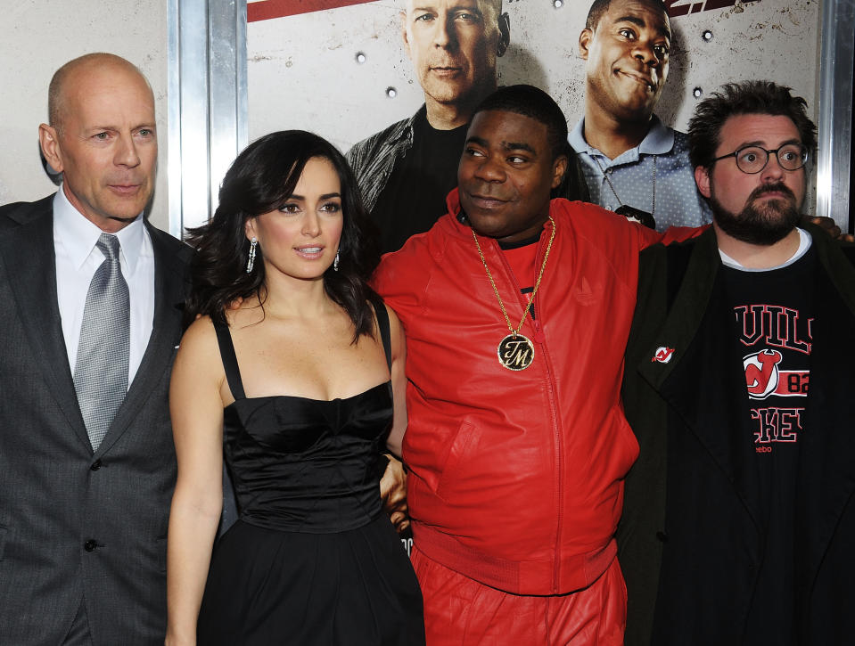 NEW YORK - FEBRUARY 22:  (L-R) Actor Bruce Willis, actress Ana de la Reguera, actor Tracy Morgan and director Kevin Smith attend the premiere of 