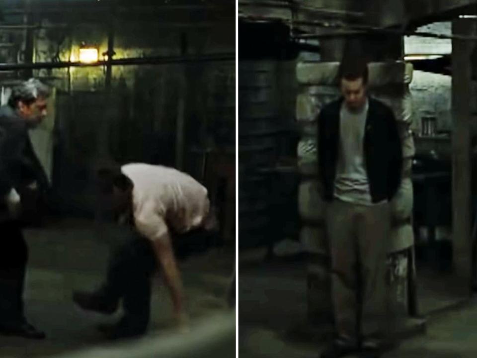 Tyler getting hit and the narrator wincing in "Fight Club" (1999).