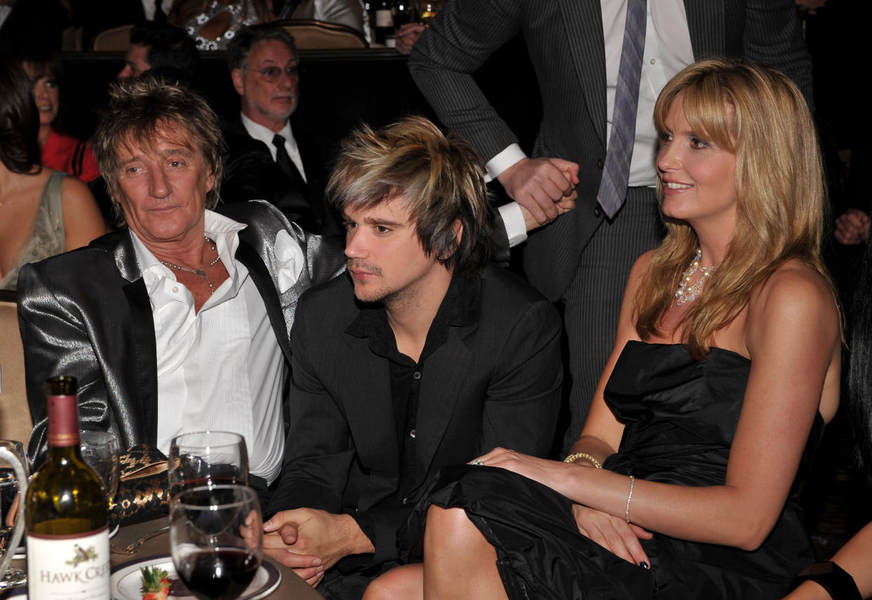 BEVERLY HILLS, CA - FEBRUARY 09:  Musician Rod Stewart, Sean Stewart and Penny Lancaster during the 2008 Clive Davis Pre-GRAMMY party at the Beverly Hilton Hotel on February 9, 2008 in Los Angeles, California.  (Photo by Lester Cohen/WireImage) 