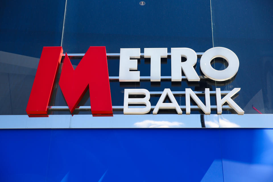 A Metro Bank branch is seen in London. Metro Bank�s shares dropped by 8\% on Monday 13 May 2019 leaving them 70\% lower for the year to date and concerns about the bank�s financial position. At its many branches, it has been reported that customers are queueing outside the bank after a WhatsApp message advising people to withdraw their money out of their accounts and empty safe deposit boxes. (Photo by Dinendra Haria / SOPA Images/Sipa USA)