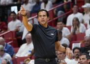 Miami Heat head coach Erik Spoelstra gestures during the second half of Game 1 of an NBA basketball Eastern Conference finals playoff series against the Boston Celtics, Tuesday, May 17, 2022, in Miami. (AP Photo/Lynne Sladky)
