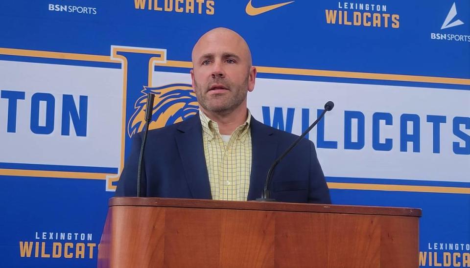 Dustin Curtis was introduced as the new Lexington football coach and athletic director on March 1, 2023.