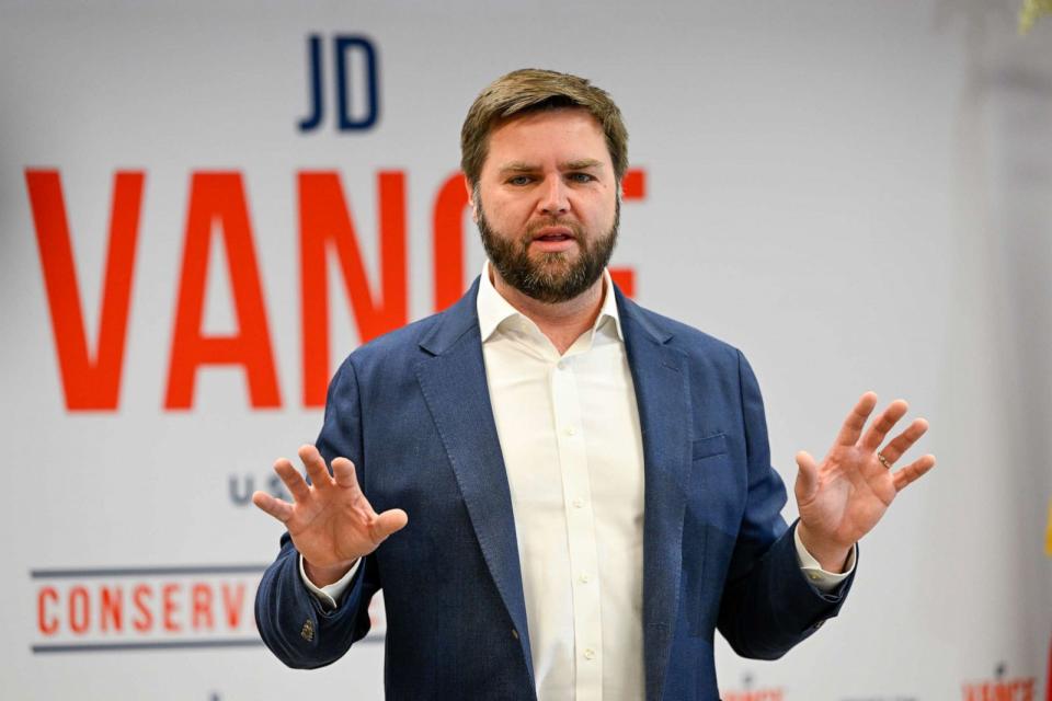 PHOTO: Republican U.S. Senate candidate JD Vance speaks with supporters in his hometown at the Butler County GOP headquarters on October 19, 2022 in Middletown, Ohio. (Gaelen Morse/Getty Images)