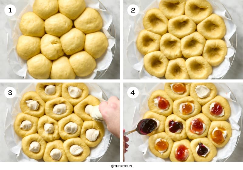 4 steps in how to make jam and cream cheese kolaches