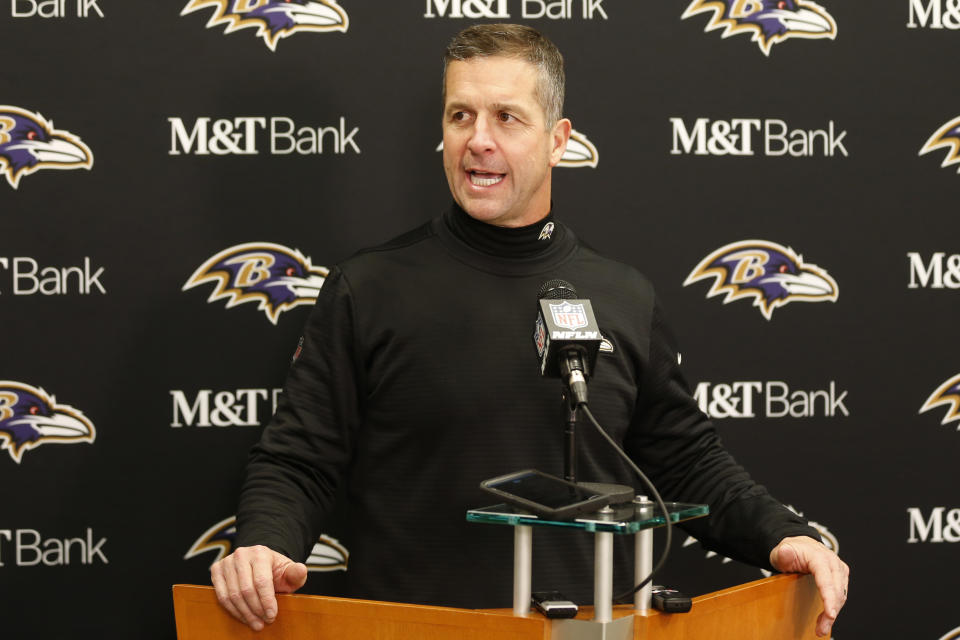 Baltimore Ravens head coach John Harbaugh speaks at a news conference after the Ravens defeated the Cleveland Browns in an NFL football game, Sunday, Dec. 22, 2019, in Cleveland. (AP Photo/Ron Schwane)