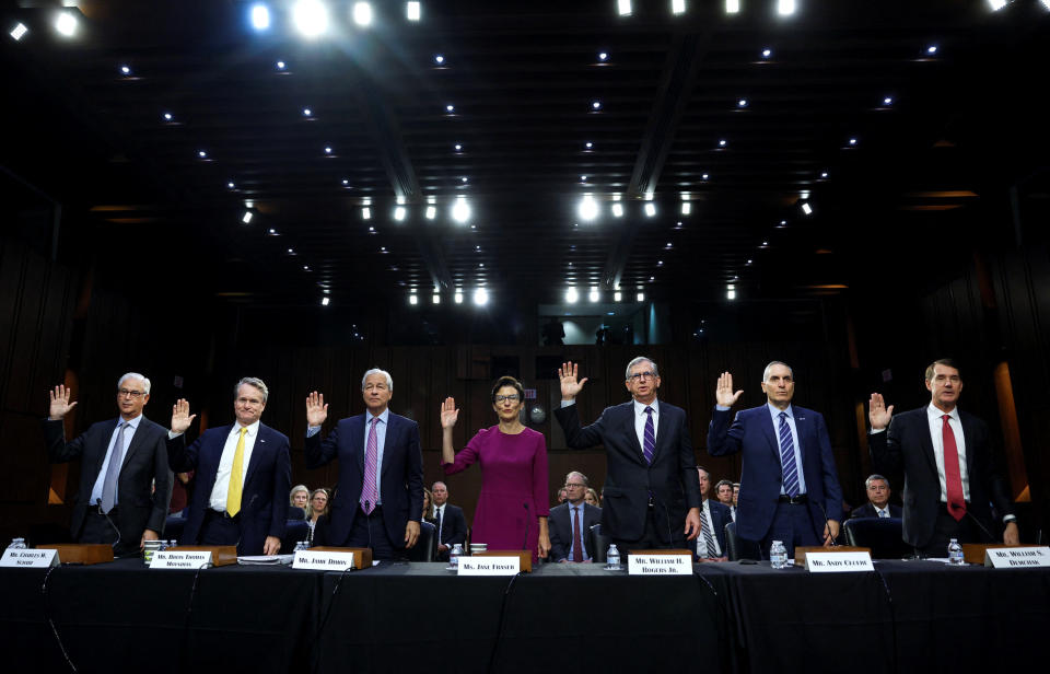 Chief executives of the country&#39;s largest banks are sworn-in at the start of a Senate Banking, Housing, and Urban Affairs hearing on 