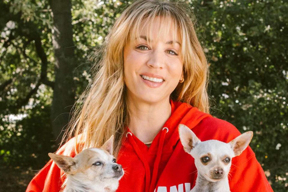 <p>Courtesy Oh Norman!</p> Kaley Cuoco with two of her rescue dogs 