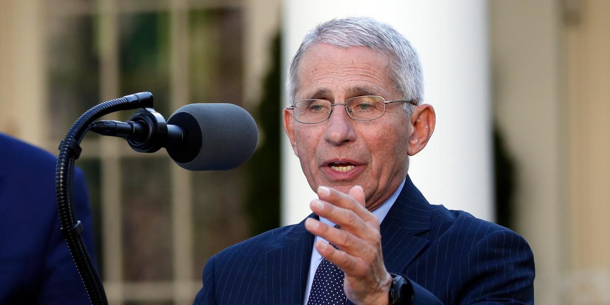 Dr. Anthony Fauci, director of the National Institute of Allergy and Infectious Diseases, speaks about the coronavirus in the Rose Garden of the White House, Monday, March 30, 2020, in Washington. (AP Photo/Alex Brandon)