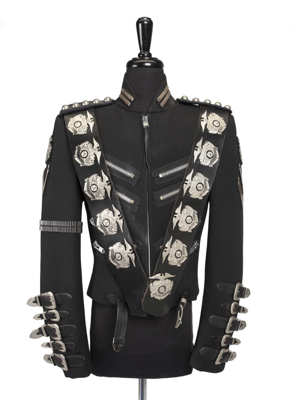 An undated image released by Julien's Auctions, shows a  Michael Jackson jacket worn on stage for the opening of the BAD concert tour designed by Tompkins and Bush. This item is part of Julien's Auctions  worldwide tour of “Icons & Idols” featuring the fashions of the king of pop opening May 18-June 29, 2012 in Santiago, Chile. (AP Photo/Julien's Auctions) NO SALES